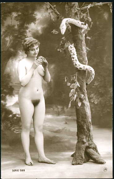 http://commons.wikimedia.org/wiki/File%3AFrench_erotic_postcard_-_Eve_being_tempted_to_eat_the_forbidden_fruit.jpg