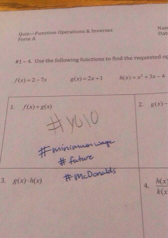 This is what happens when you write #YOLO on a Math Quiz