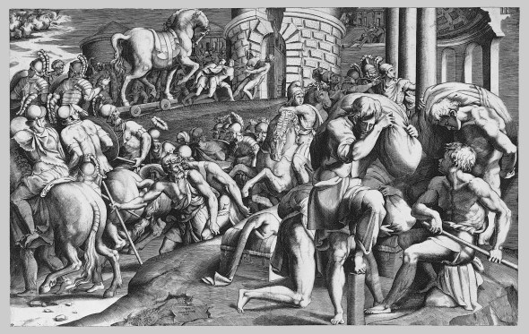 The Trojans Pulling the Wooden Horse into the City. Engraving,  Giulio Bonasone, 1545. Courtesy Metropolitan Museum
