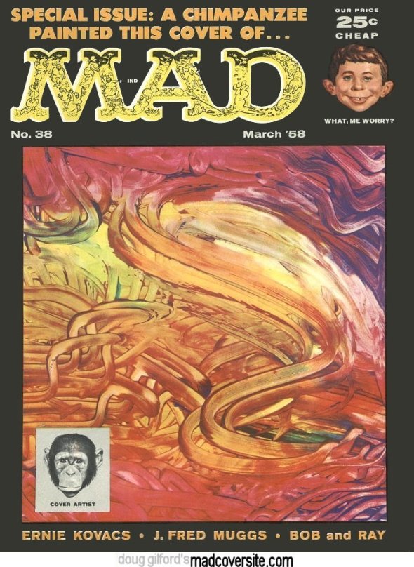 The first and last piece of cover art J. Fred Muggs did for MAD Magazine.  Muggs bit editor Al Feldstein, and never worked for Mad again.