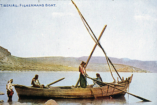 Fisherman's Boat, on the Sea of Galilee. Postcard circa 1920. Not much different from the boats used by Peter, Andrew and John.