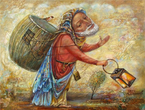 This iconographic depiction of Diogenes by Alexander Shabanov is not a particularly accurate, as Diogenes was nearly naked most of the time, but it remains one of my favorites The lantern is from another story.