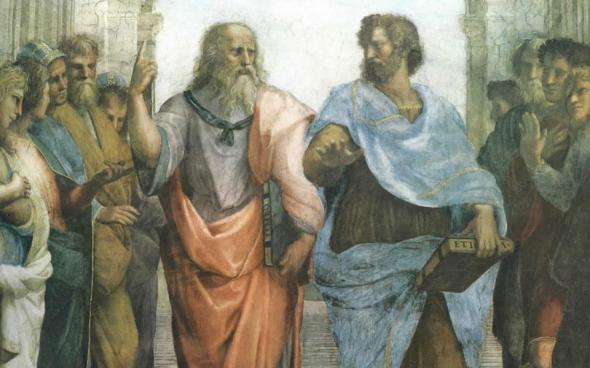 Plato and Aristotle. Detail from Raphael's fresco The School of Athens, 1511, the Vatican