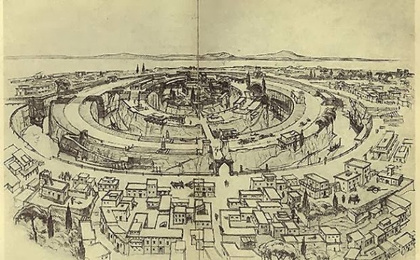 Reconstruction of the capital of Atlantis according to Plato's description, drawn by Walter Heiland. Albert Herrmann, Unsere Ahnen und Atlantis. 1934. Courtesy Old World Mysteries.