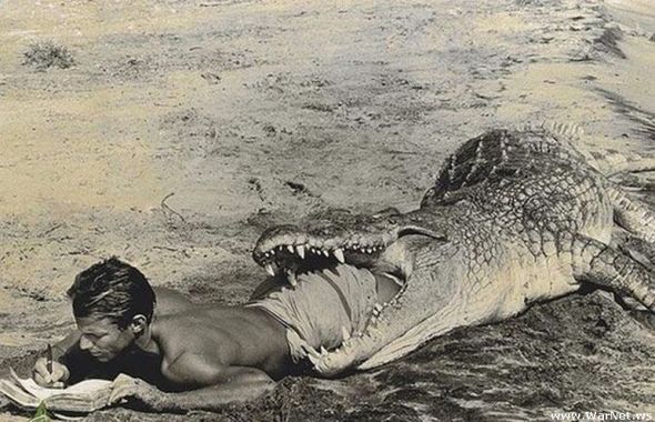Peter Beard. "I'll Write Whenever I Can." Self-portrait in mouth of crocodile, Kubi Fara. (1965). Check the "lot notes" for an interesting story about this picture.